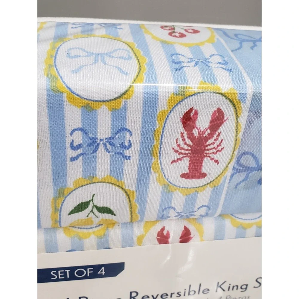 NEW 4 PIECE KING SIZE sheet set lobster ribbons fruit lemons nautical beach blue